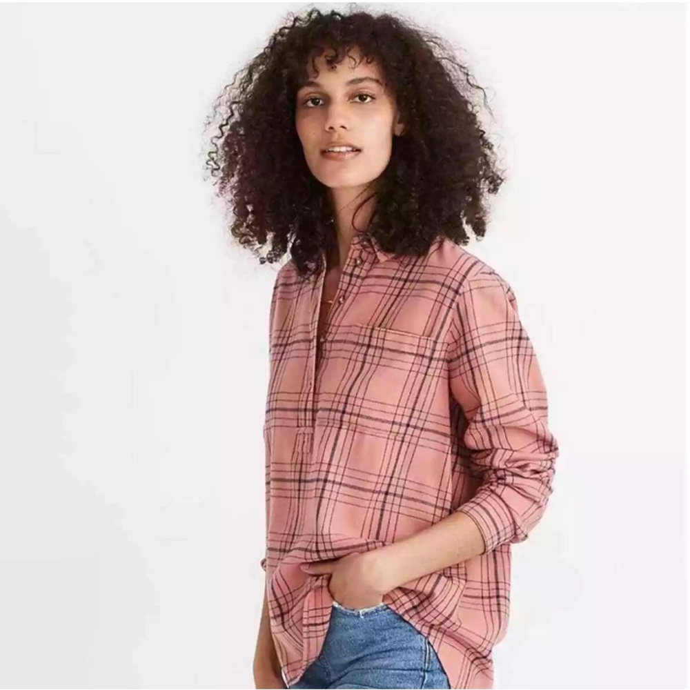 Madewell Popover Flannel Long Sleeve Plaid Clay Pink Navy 1/4 Button Up Top XS